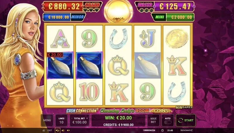 Cash Connection - Charming Lady's Boom Coins - màn hình cơ bản với chiến thắng theo dòng