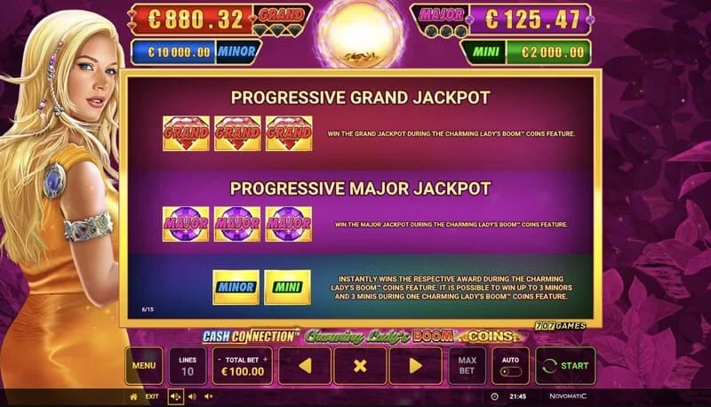 Cash Connection - Charming Lady's Boom Coins - bảng giải Jackpot Mini, Minor, Major và Grand