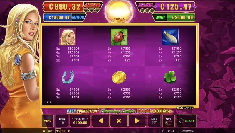 Cash Connection - Charming Lady's Boom Coins - trò chơi nhỏ Boom Spins trên lưới mở rộng